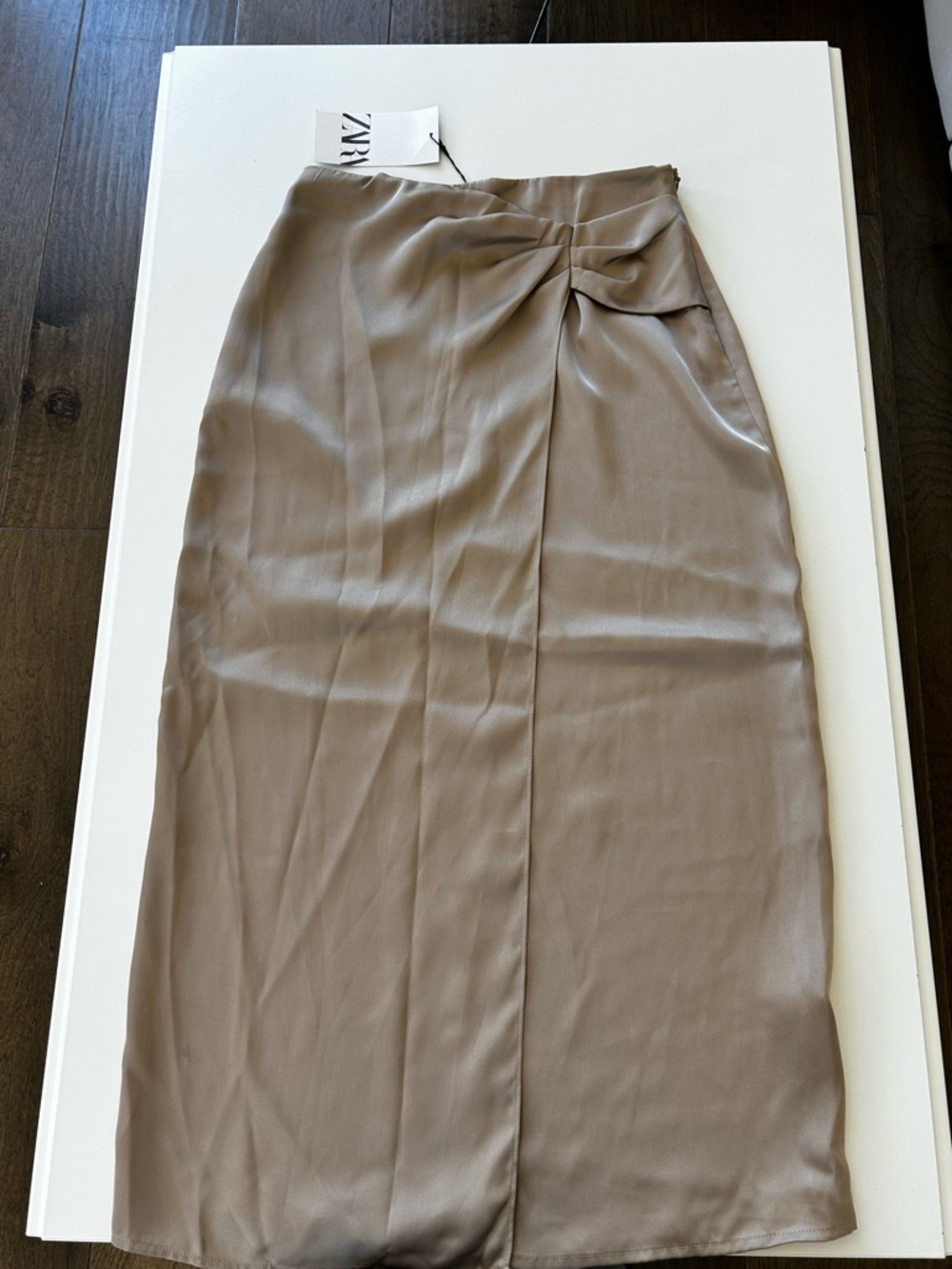 NWT Zara Taupe Satin Midi Skirt with Front Twist